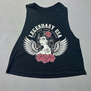 Legendary USA "Stay True" Sugar Skull Angel Wings Graphic Crop Tank Top, Size M